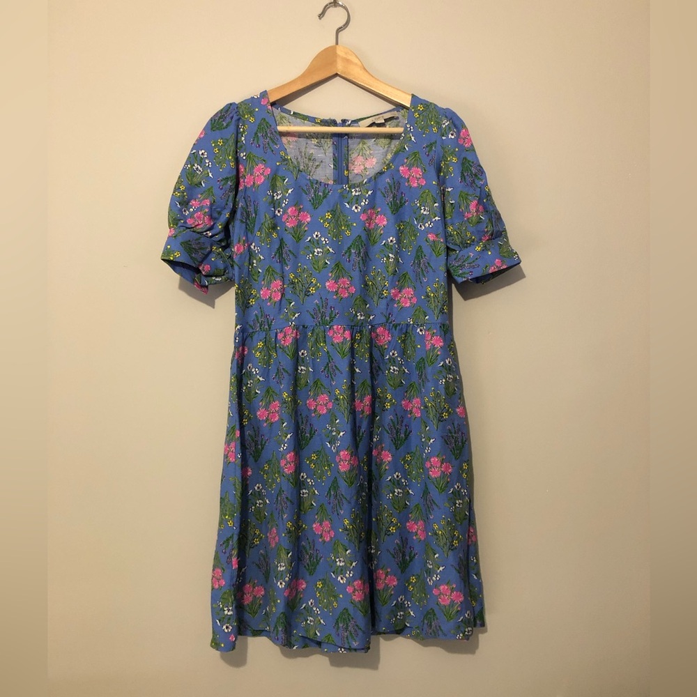 LOFT Linen Blend Garden Flower Petite 2 Light Blue Floral Midi Spring Dress